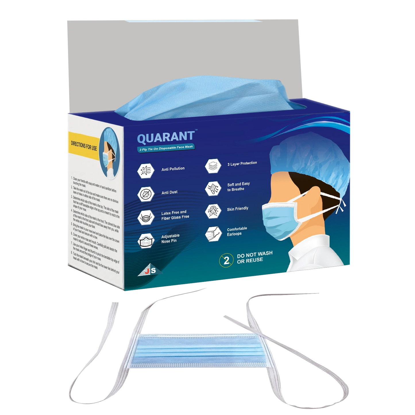 QUARANT 3 Ply Tie On Surgical Face Mask with Adjustable Nose Pin - Pack of 50