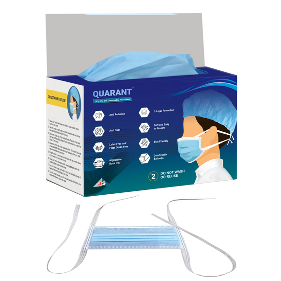 QUARANT 3 Ply Tie On Surgical Face Mask with Adjustable Nose Pin - Pack of 50