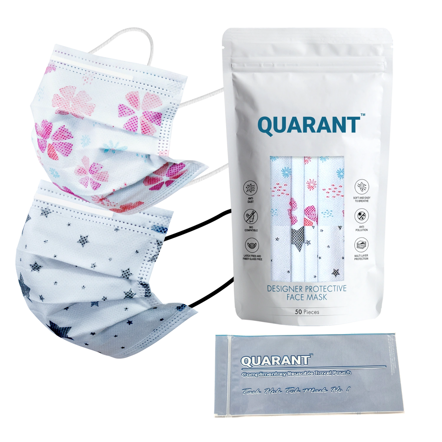 QUARANT 4 Ply Designer Protective Surgical Face Mask with Adjustable Nose Pin (White Combo) - Pack of 50