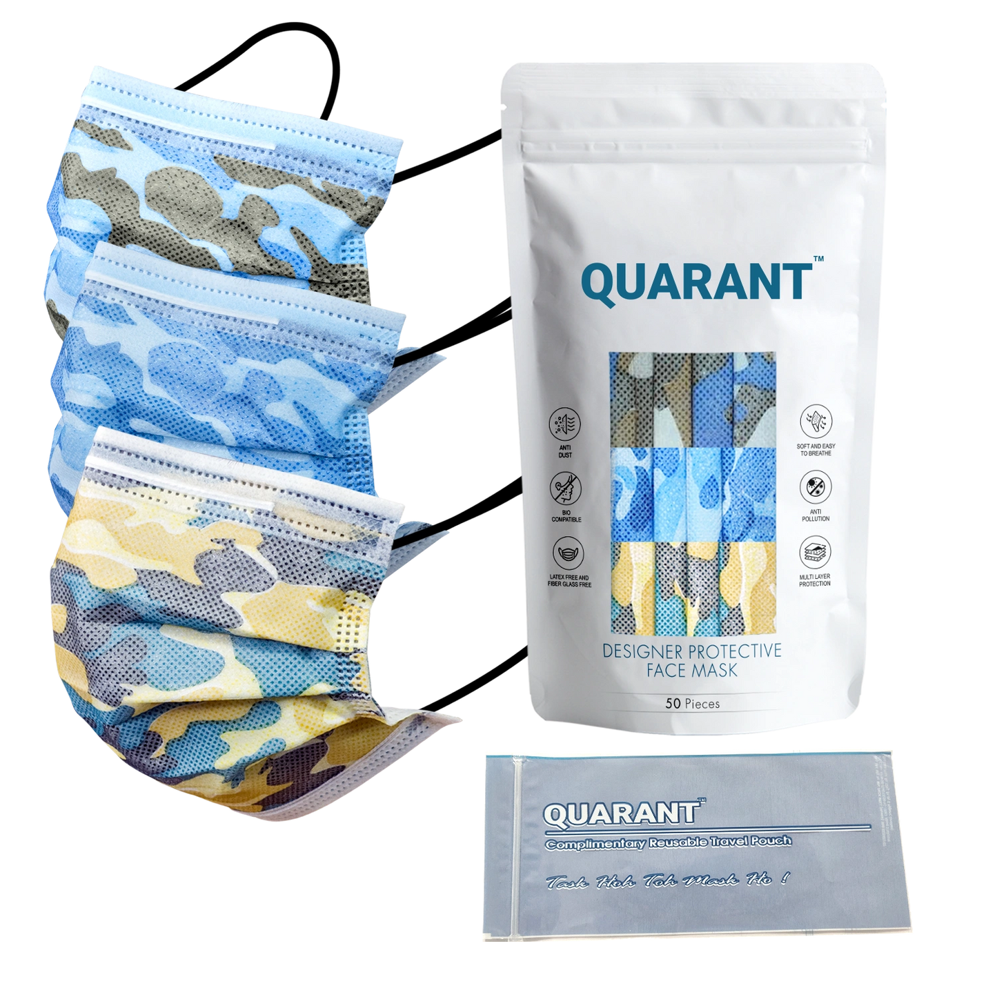 QUARANT 4 Ply Designer Protective Surgical Face Mask with Adjustable Nose Pin (Camo Combo) - Pack of 50