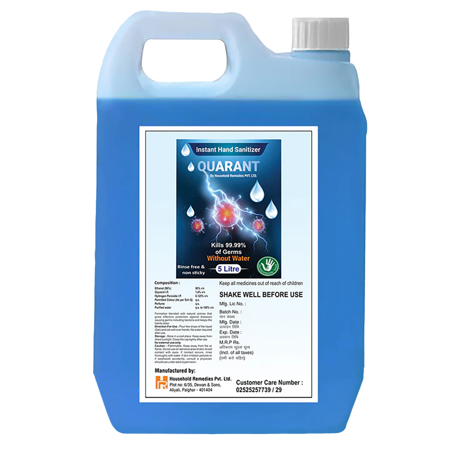 QUARANT 80% Alcohol Based Instant Hand Sanitizer Refill Pack, Kills 99.95% Germs, WHO Recommended Formula & FDA Approved (5 Litre Can)