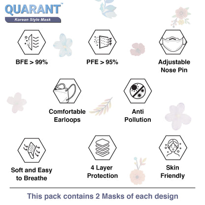 QUARANT Korean Fish Shape Designer Face Mask for Adults (Pack of 10, Floral Bliss Combo)