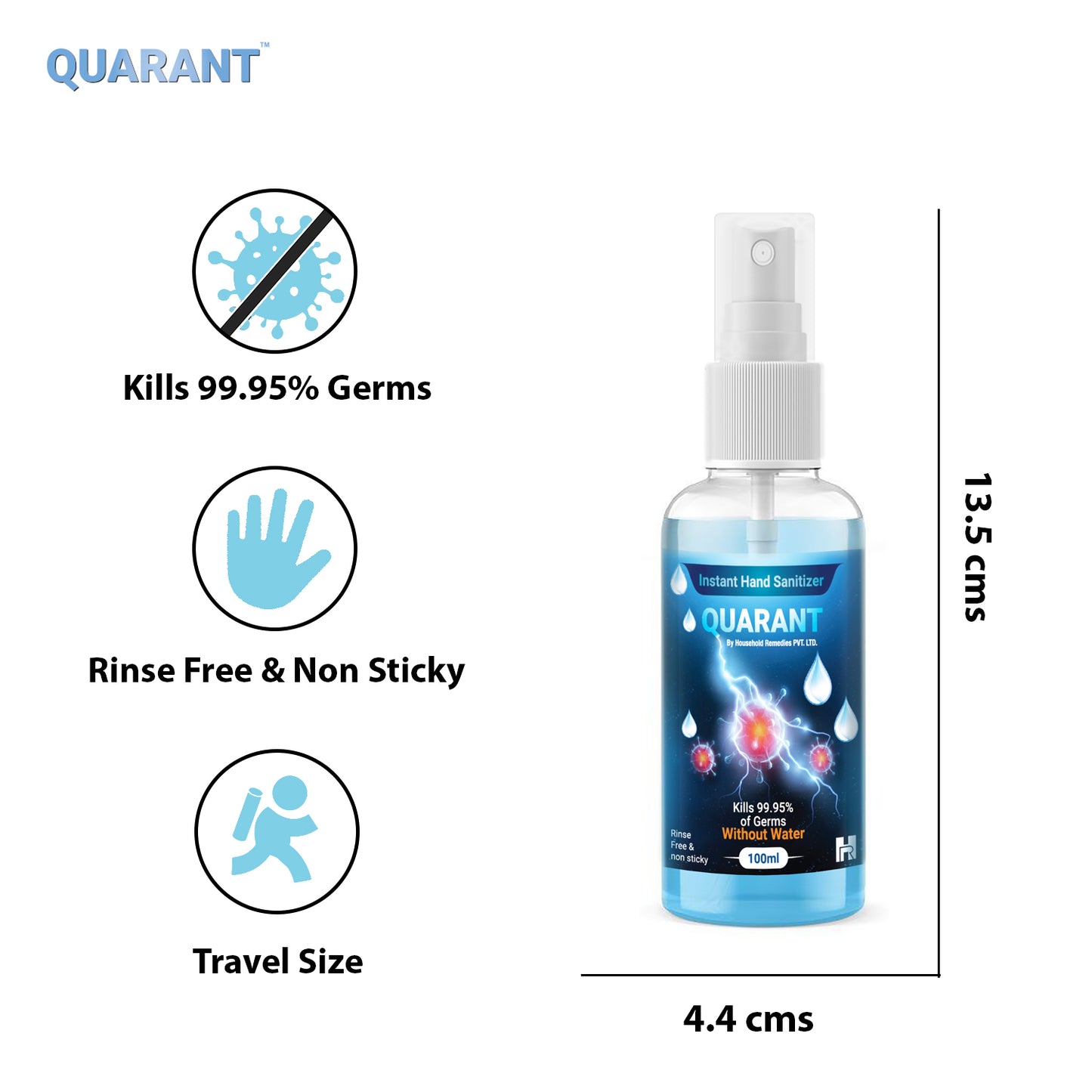 QUARANT 80% Alcohol Based Instant Hand Sanitizer Spray, Small Pocket Size Liquid Spray Bottle, Kills 99.95% Germs, WHO Recommended Formula & FDA Approved, 100 ML (Pack of 5) - QUARANT Store