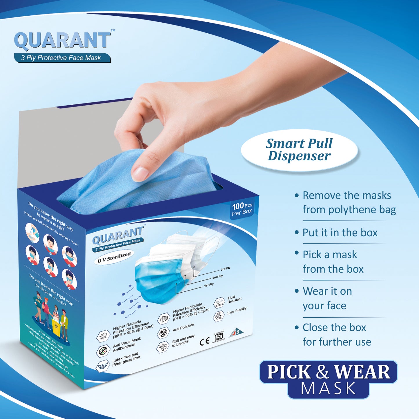 QUARANT 3 Ply Protective Surgical Face Mask with Adjustable Nose Pin