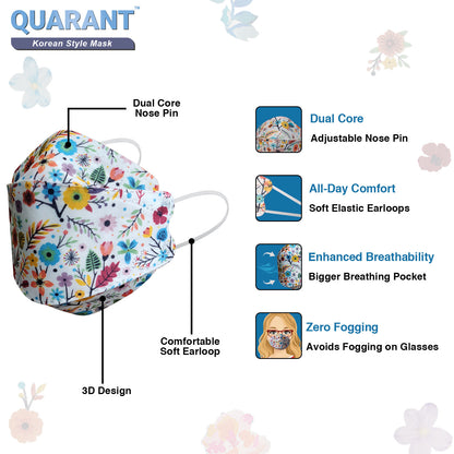 QUARANT Korean Fish Shape Designer Face Mask for Adults (Pack of 10, Floral Bliss Combo)