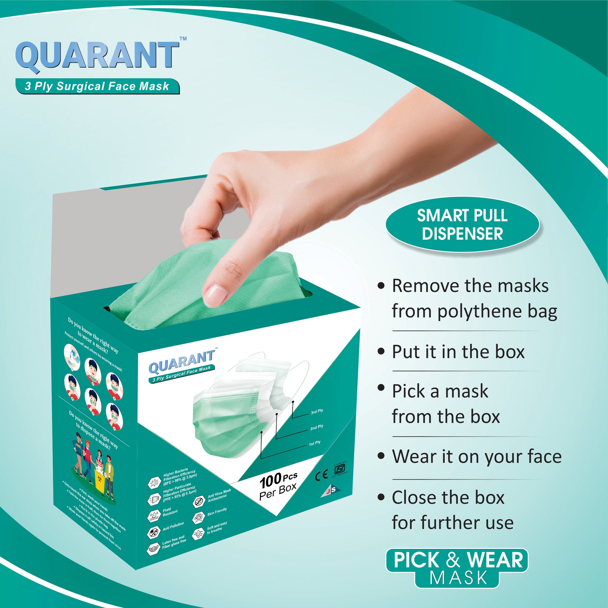 QUARANT 3 Ply Green Surgical Face Mask with Adjustable Nose Pin - QUARANT Store