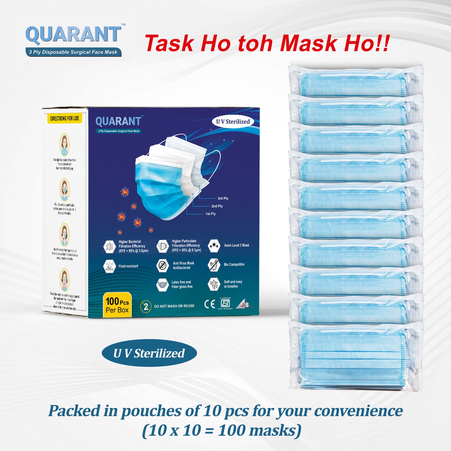 QUARANT 3 Ply Disposable Surgical Face Mask with Adjustable Nose Pin - QUARANT Store