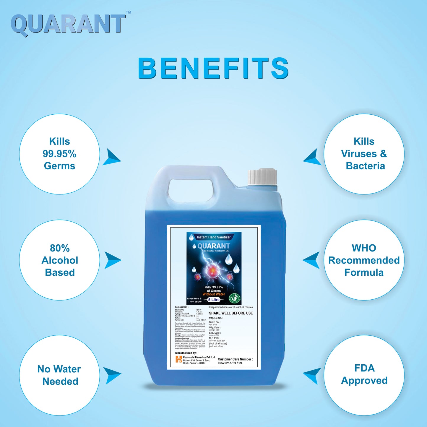 QUARANT 80% Alcohol Based Instant Hand Sanitizer Refill Pack, Kills 99.95% Germs, WHO Recommended Formula & FDA Approved (5 Litre Can) - QUARANT Store