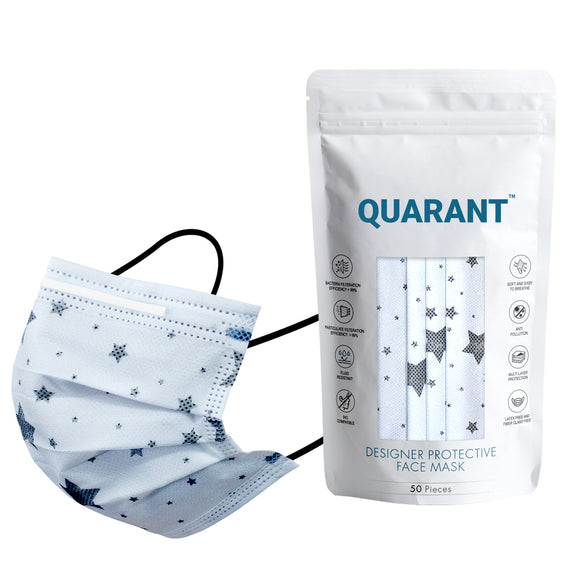 QUARANT 4 Ply Designer Protective Surgical Face Mask with Adjustable Nose Pin (Stary White) - Pack of 50
