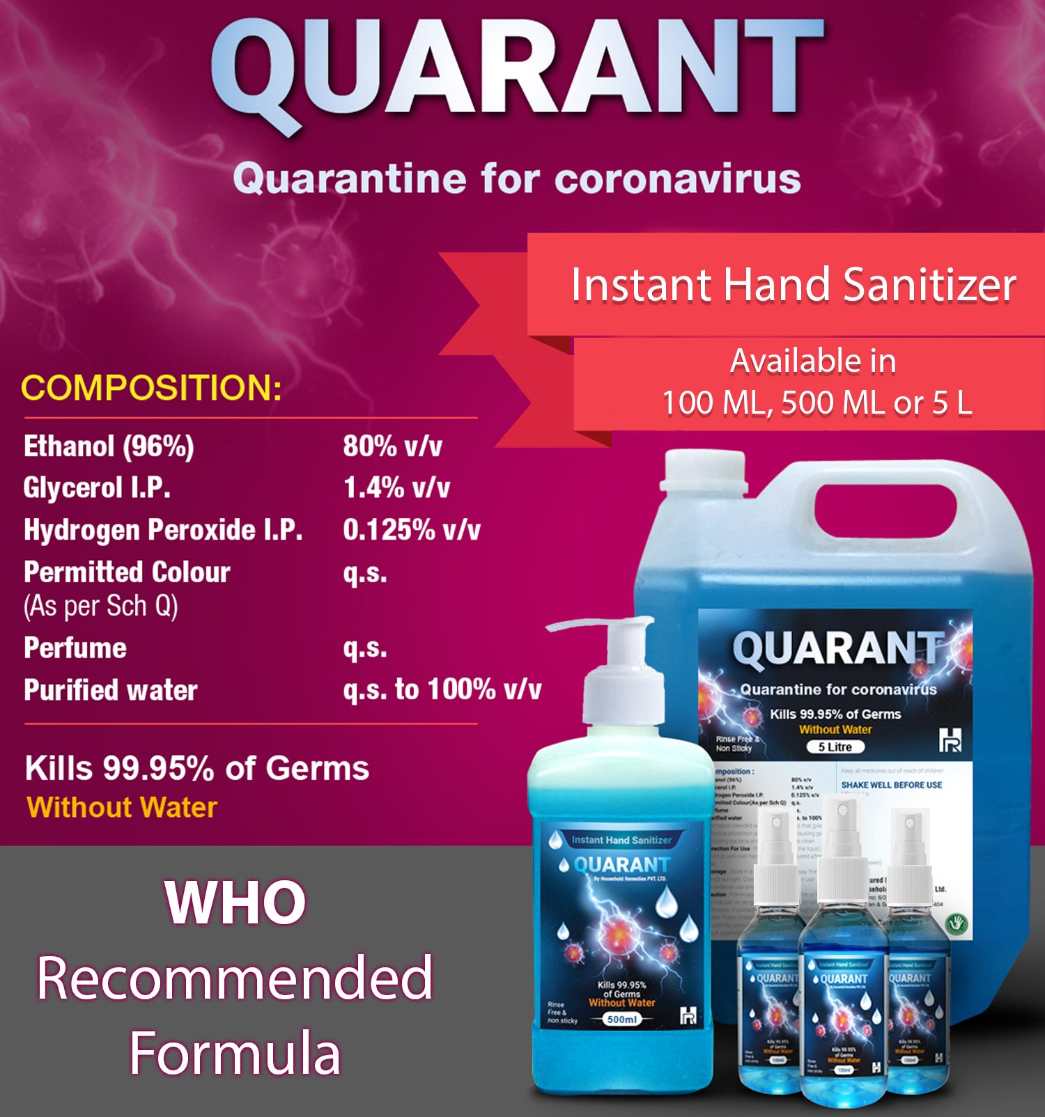 QUARANT 80% Alcohol Based Instant Hand Sanitizer Pump, Kills 99.95% Germs, WHO Recommended Formula & FDA Approved, 500 ML (Pack of 2 Bottles) - QUARANT Store